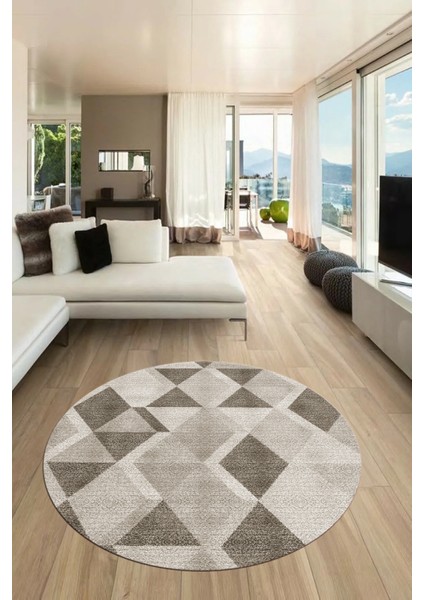 Baklava Desen Baskılı Kaymaz Taban Yıkanabilir Modern Yuvarlak Salon Halısı Y-MODERN-103-KREM