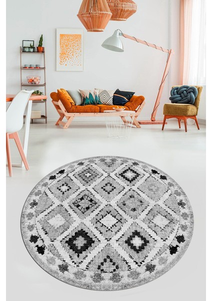 Baskılı Kaymaz Yıkanabilir Etnik Modern Yuvarlak Mutfak Halısı Salon Halısı Y-Modern-60-Gri