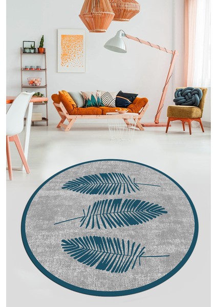 Baskılı Kaymaz Yıkanabilir Modern Yaprak Desen Yuvarlak Mutfak Salon Halısı Y-Modern-41-Mavi fiyatları