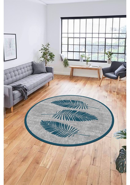 Baskılı Kaymaz Yıkanabilir Modern Yaprak Desen Yuvarlak Mutfak Salon Halısı Y-Modern-41-Mavi modelleri