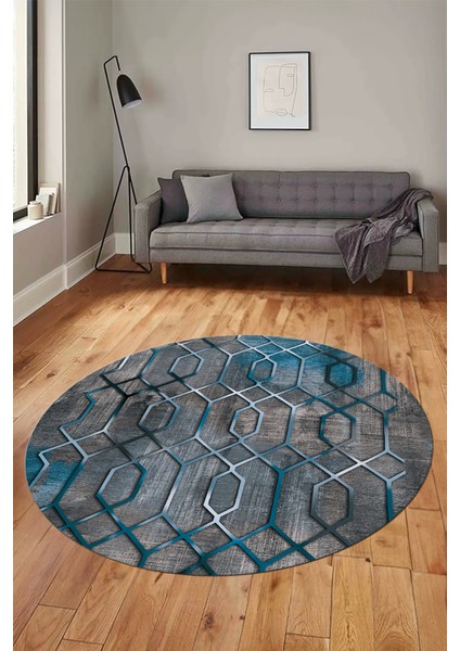 Modern Desen Dijital Kaymaz Yıkanabilir Yuvarlak Mutfak Salon Halısı Y-Modern-90-Mavi