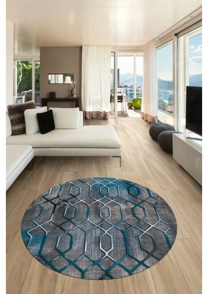 Modern Desen Dijital Kaymaz Yıkanabilir Yuvarlak Mutfak Salon Halısı Y-Modern-90-Mavi