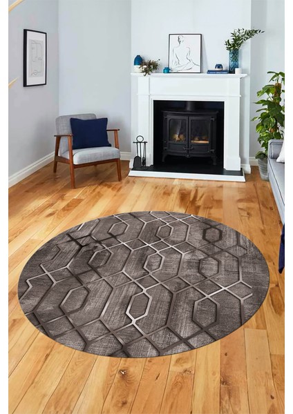 Modern Desen Dijital Kaymaz Yıkanabilir Yuvarlak Mutfak Salon Halısı Y-Modern-90-Vizon