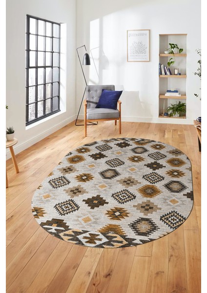 Etnik Baskılı Kaymaz Taban Yıkanabilir Modern Oval Yolluk Salon Halısı O-Modern-99-Kahve modelleri