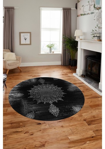 Baskılı Kaymaz Taban Yıkanabilir Göbekli Modern Mutfak Yuvarlak Salon Halısı Y-Modern-06-Gri