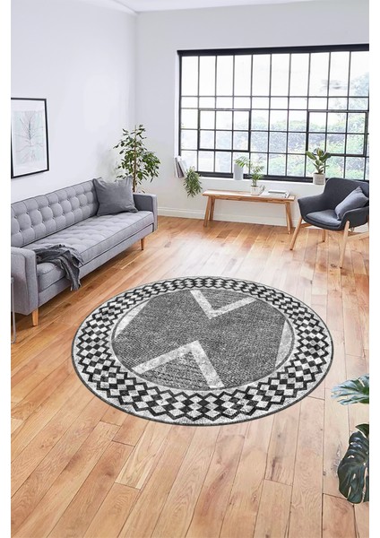 Baskılı Ince Kaymaz Taban Yıkanabilir Modern Mutfak Yuvarlak Salon Halısı Y-Modern-07-Antrasit
