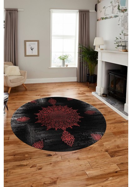 Baskılı Kaymaz Taban Yıkanabilir Göbekli Modern Mutfak Yuvarlak Salon Halısı Y-Modern-06-Kırmızı