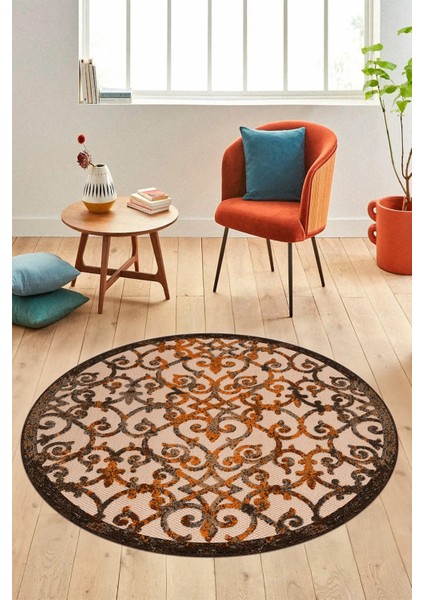 Modern Klasik Desen Dijital Kaymaz Yıkanabilir Yuvarlak Mutfak Salon Halısı Y-Modern-32-Kahve