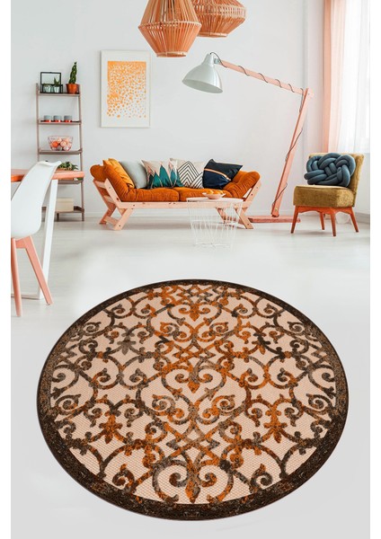 Modern Klasik Desen Dijital Kaymaz Yıkanabilir Yuvarlak Mutfak Salon Halısı Y-Modern-32-Kahve fiyatları