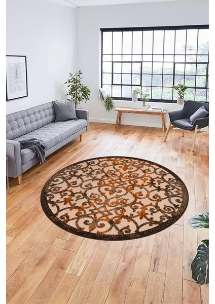 Modern Klasik Desen Dijital Kaymaz Yıkanabilir Yuvarlak Mutfak Salon Halısı Y-Modern-32-Kahve modelleri