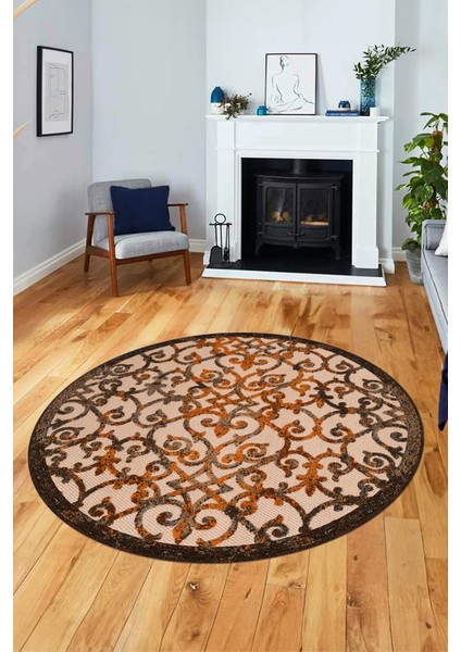 Modern Klasik Desen Dijital Kaymaz Yıkanabilir Yuvarlak Mutfak Salon Halısı Y-Modern-32-Kahve fırsatları