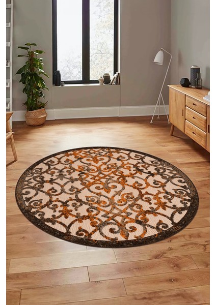 Modern Klasik Desen Dijital Kaymaz Yıkanabilir Yuvarlak Mutfak Salon Halısı Y-Modern-32-Kahve indirimleri