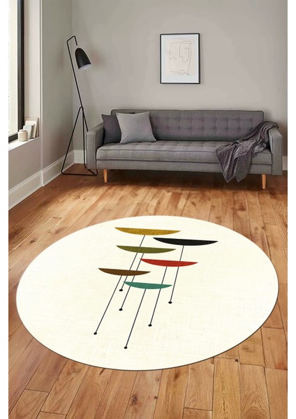 Baskılı Kaymaz Taban Yıkanabilir Modern Yuvarlak Mutfak Salon Halısı Y-MODERN-112-KREM