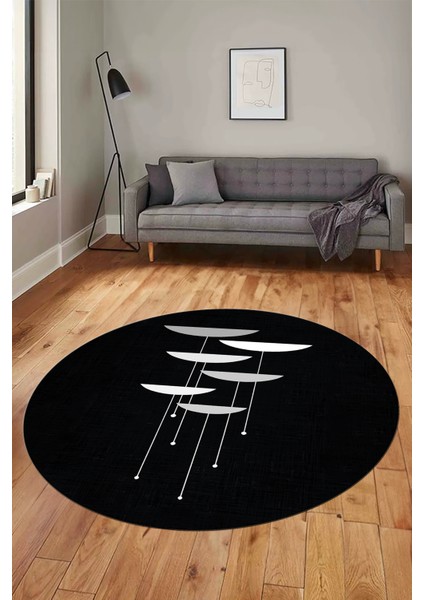 Baskılı Kaymaz Taban Yıkanabilir Modern Yuvarlak Mutfak Salon Halısı Y-MODERN-112-SİYAH
