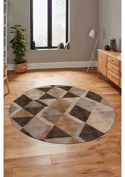 Baklava Desen Baskılı Kaymaz Taban Yıkanabilir Modern Yuvarlak Salon Halısı Y-MODERN-103-KAHVE