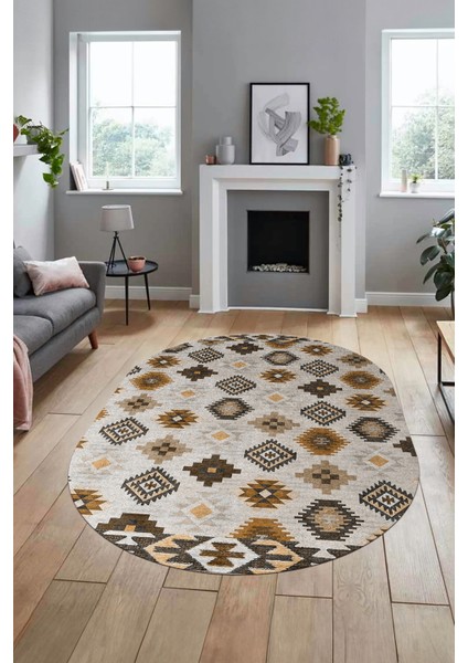 Etnik Baskılı Kaymaz Taban Yıkanabilir Modern Oval Yolluk Salon Halısı O-Modern-99-Kahve indirimleri