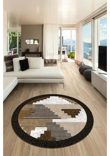 Özel Modern Desenli Dijital Kaymaz Yıkanabilir Yuvarlak Mutfak Salon Halısı Y-Modern-11-Kahve fiyatları