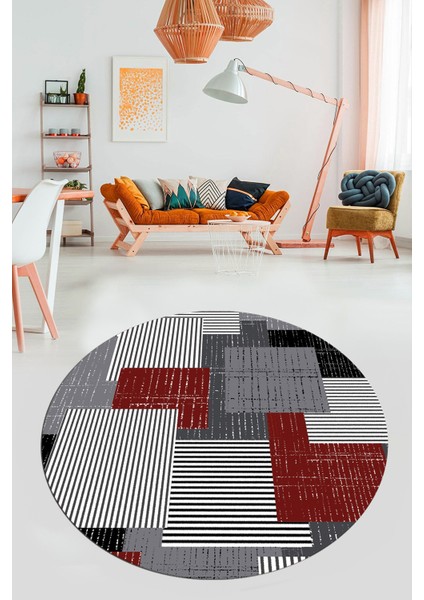 Baskılı Kaymaz Yıkanabilir Yuvarlak Mutfak Halısı Salon Halısı Y-Modern-47-Bordo