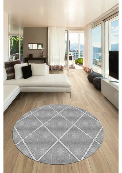 Sade Desenli Baskılı Kaymaz Taban Yıkanabilir Yuvarlak Mutfak Salon Halısı Y-MODERN-116-GRİ