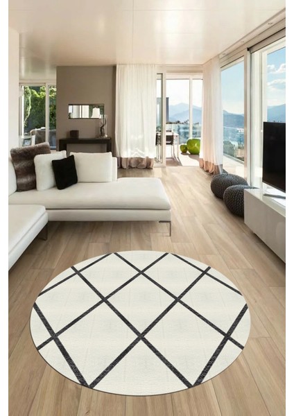 Sade Desenli Baskılı Kaymaz Taban Yıkanabilir Yuvarlak Mutfak Salon Halısı Y-MODERN-116-KREM