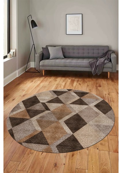 Baklava Desen Baskılı Kaymaz Taban Yıkanabilir Modern Yuvarlak Salon Halısı Y-MODERN-103-KAHVE fiyatları