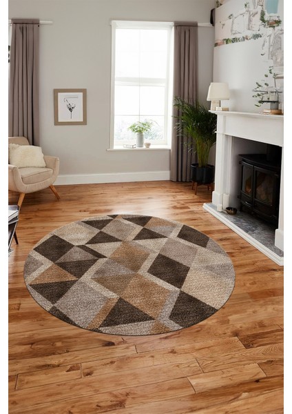 Baklava Desen Baskılı Kaymaz Taban Yıkanabilir Modern Yuvarlak Salon Halısı Y-MODERN-103-KAHVE modelleri