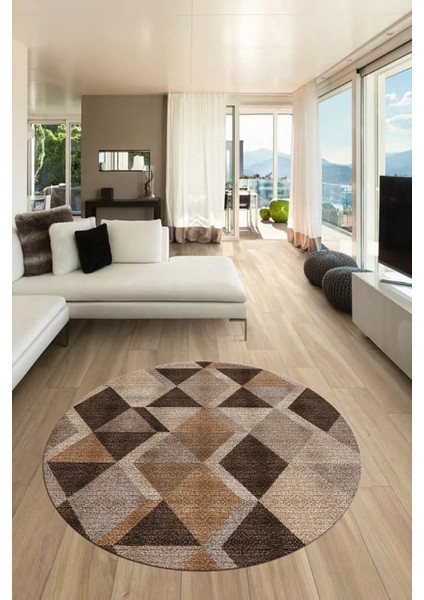 Baklava Desen Baskılı Kaymaz Taban Yıkanabilir Modern Yuvarlak Salon Halısı Y-MODERN-103-KAHVE fırsatları