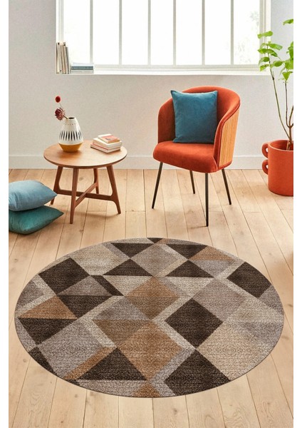 Baklava Desen Baskılı Kaymaz Taban Yıkanabilir Modern Yuvarlak Salon Halısı Y-MODERN-103-KAHVE indirimleri