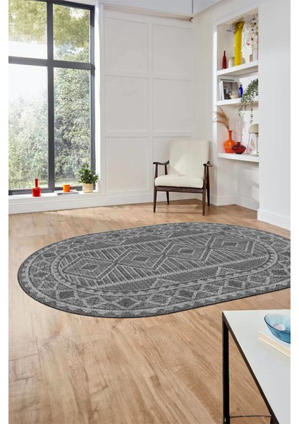 Kilim Desen Baskılı Kaymaz Taban Yıkanabilir Modern Oval Yolluk Salon Halısı O-MODERN-108-GRİ