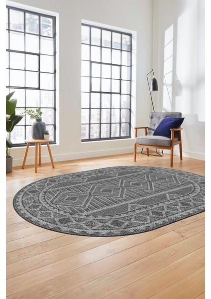 Kilim Desen Baskılı Kaymaz Taban Yıkanabilir Modern Oval Yolluk Salon Halısı O-MODERN-108-GRİ modelleri