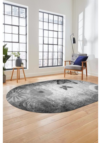 Baskılı Kaymaz Taban Yıkanabilir Modern Oval Yolluk Mutfak Salon Halısı O-MODERN-109-GRİ modelleri