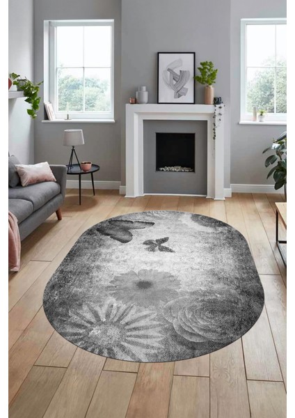 Baskılı Kaymaz Taban Yıkanabilir Modern Oval Yolluk Mutfak Salon Halısı O-MODERN-109-GRİ fırsatları