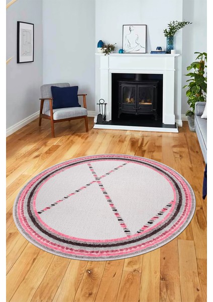 Renkli Modern Kilim Desen Kaymaz Yıkanabilir Yuvarlak Mutfak Salon Halısı Y-Modern-76-Pembe