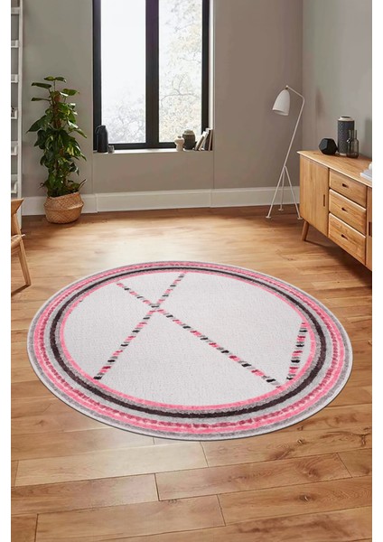 Renkli Modern Kilim Desen Kaymaz Yıkanabilir Yuvarlak Mutfak Salon Halısı Y-Modern-76-Pembe fiyatları