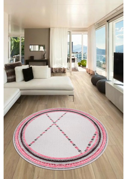 Renkli Modern Kilim Desen Kaymaz Yıkanabilir Yuvarlak Mutfak Salon Halısı Y-Modern-76-Pembe indirimleri