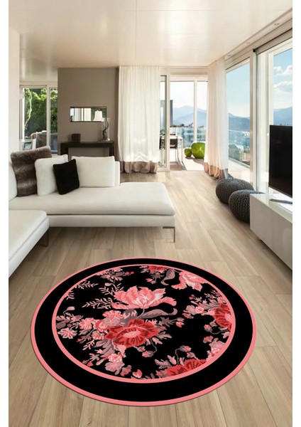 Çiçek Desenli Dijital Kaymaz Yıkanabilir Yuvarlak Mutfak Salon Halısı Y-Modern-16-Pembe