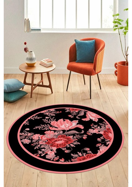 Çiçek Desenli Dijital Kaymaz Yıkanabilir Yuvarlak Mutfak Salon Halısı Y-Modern-16-Pembe fiyatları