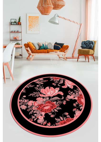 Çiçek Desenli Dijital Kaymaz Yıkanabilir Yuvarlak Mutfak Salon Halısı Y-Modern-16-Pembe modelleri