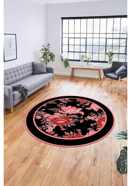 Çiçek Desenli Dijital Kaymaz Yıkanabilir Yuvarlak Mutfak Salon Halısı Y-Modern-16-Pembe fırsatları