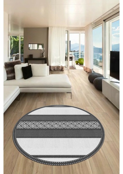Modern Kilim Desenli Dijital Kaymaz Yıkanabilir Yuvarlak Mutfak Salon Halısı Y-Modern-18-Beyaz