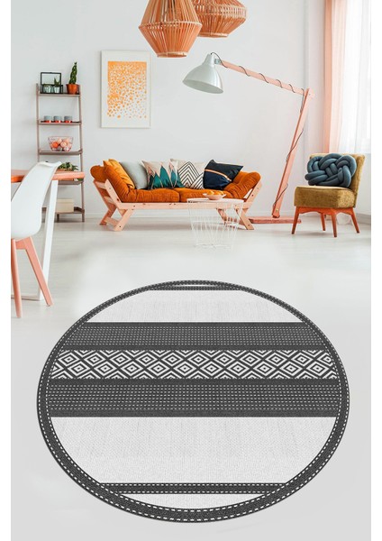 Modern Kilim Desenli Dijital Kaymaz Yıkanabilir Yuvarlak Mutfak Salon Halısı Y-Modern-18-Beyaz modelleri