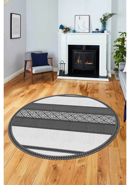 Modern Kilim Desenli Dijital Kaymaz Yıkanabilir Yuvarlak Mutfak Salon Halısı Y-Modern-18-Beyaz indirimleri