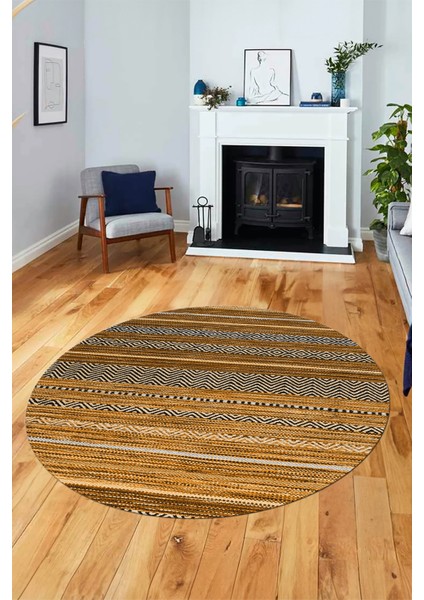 Modern Kilim Desenli Dijital Kaymaz Yıkanabilir Yuvarlak Mutfak Salon Halısı Y-Modern-17-Kahve indirimleri