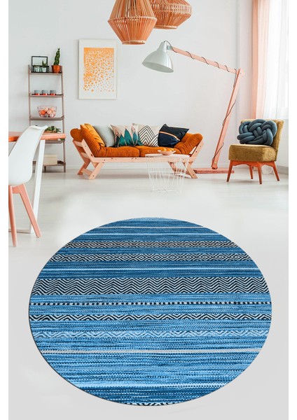 Modern Kilim Desenli Dijital Kaymaz Yıkanabilir Yuvarlak Mutfak Salon Halısı Y-Modern-17-Mavi modelleri