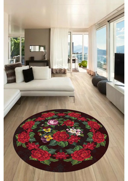 Modern Çiçek Desenli Dijital Kaymaz Yıkanabilir Yuvarlak Mutfak Salon Halısı Y-Modern-21-Bordo