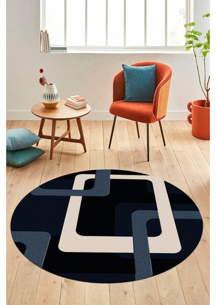 Şık Baskılı Kaymaz Yıkanabilir Modern Yuvarlak Mutfak Salon Halısı Y-Modern-40-Lacivert
