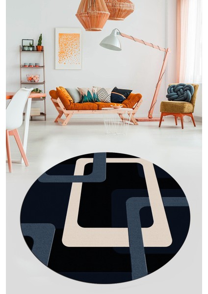 Şık Baskılı Kaymaz Yıkanabilir Modern Yuvarlak Mutfak Salon Halısı Y-Modern-40-Lacivert