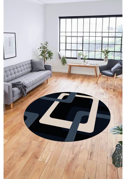 Şık Baskılı Kaymaz Yıkanabilir Modern Yuvarlak Mutfak Salon Halısı Y-Modern-40-Lacivert