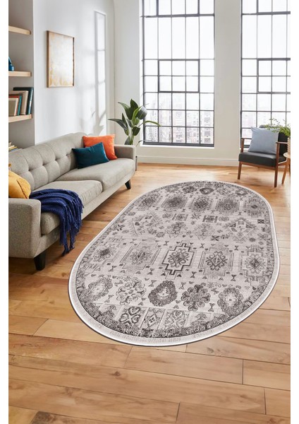 Modern Etnik Desen Dijital Kaymaz Yıkanabilir Oval Yolluk Mutfak Salon Halısı O-Modern-29-Gri