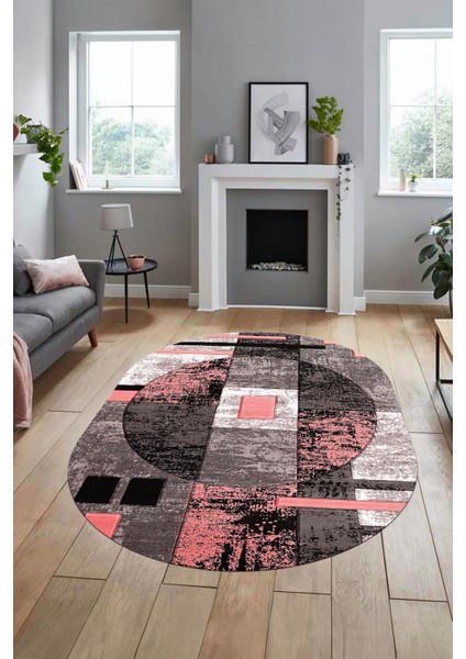 Modern Göbekli Desen Dijital Kaymaz Yıkanabilir Oval Yolluk Mutfak Salon Halısı O-Modern-33-Pembe